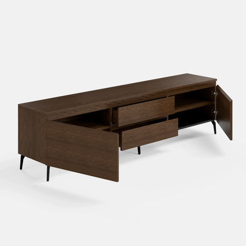 מזנון טלוויזיה מודרני Tavik בגימור פורניר טבעי עם מגירות, דלתות ורגלי ברזל דקות