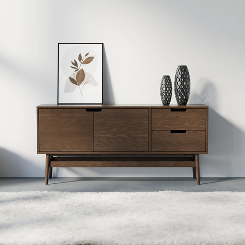 מזנון טלוויזיה סקנדינבי Oslo בגימור פורניר טבעי עם מגירות, דלתות ורגליים אלכסוניות