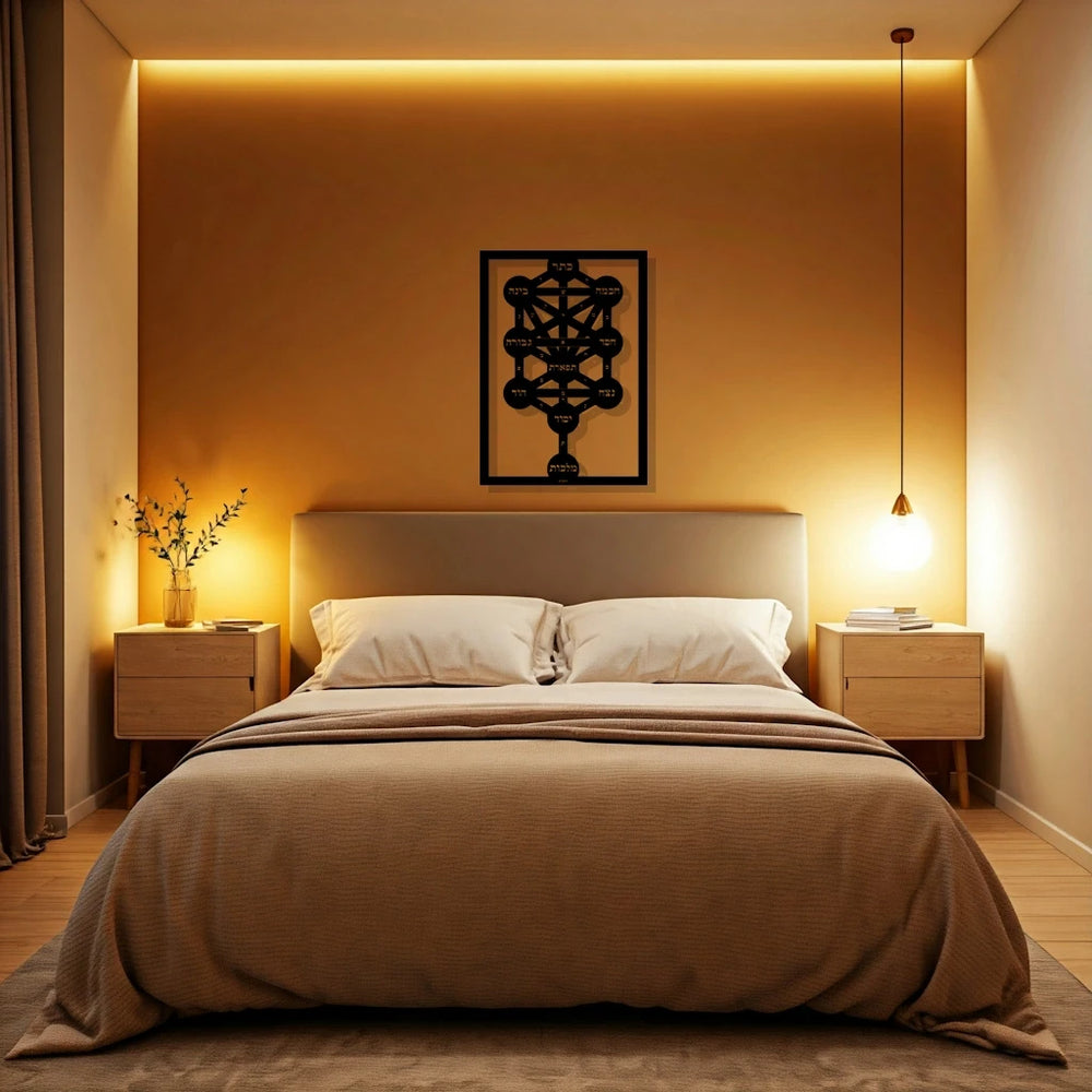 תמונת מתכת Sefirot עם עיצוב גיאומטרי בהשראת עשר הספירות הקבליות, עשויה מברזל מגולבן בגימור עמיד.