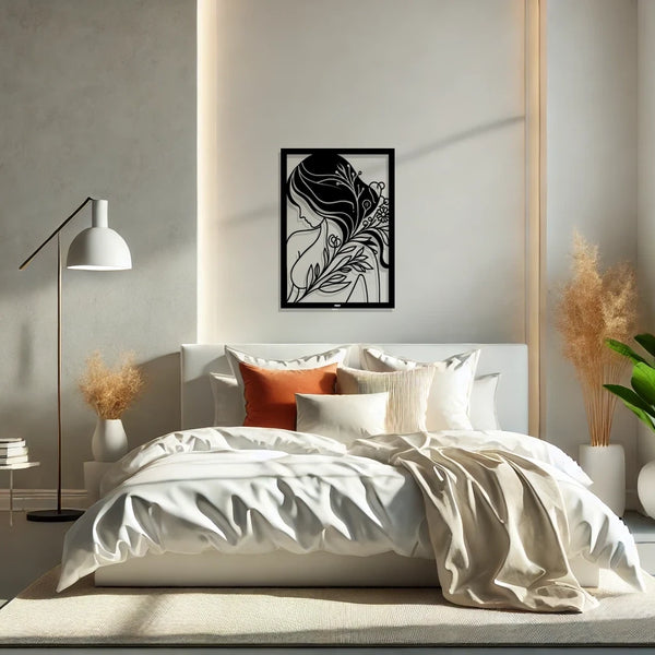 תמונת קיר מודרנית מעל מיטה זוגית בסגנון עכשווי.