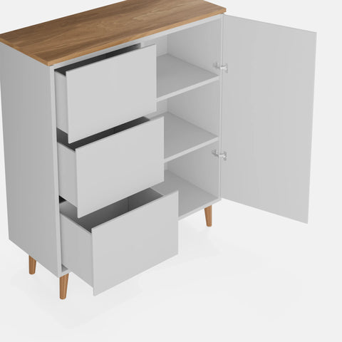 שידה כפרית Hedin בגימור אפוקסי בהיר, פלטת עץ תעשייתי מחופה פורניר ורגלי עץ אלון טבעי | פוני סטייל