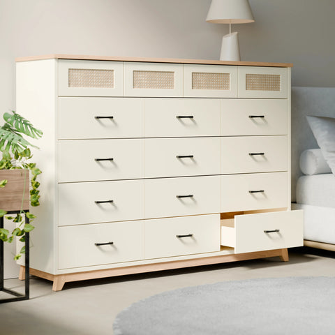 שידת מגירות בוהו שיק Plush עם 16 תאים, חזיתות ראטן ורגלי עץ מלא | פוני סטייל