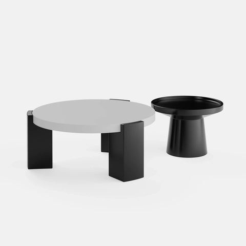 סט שולחנות סלון Sten – שולחן עגול על רגליים מרובעות ושולחן קטן עם בסיס גלילי בעיצוב מודרני־פיסולי