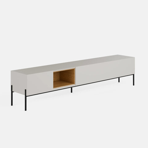 מזנון סקנדינבי מודרני עם גוף בציפוי אפוקסי, תא פתוח בגימור פורניר אלון ורגלי מתכת דקות.