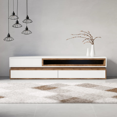 מזנון טלוויזיה מודרני Vega עם תא פתוח פורניר אגוז ומגירות בפתיחה בטאצ'