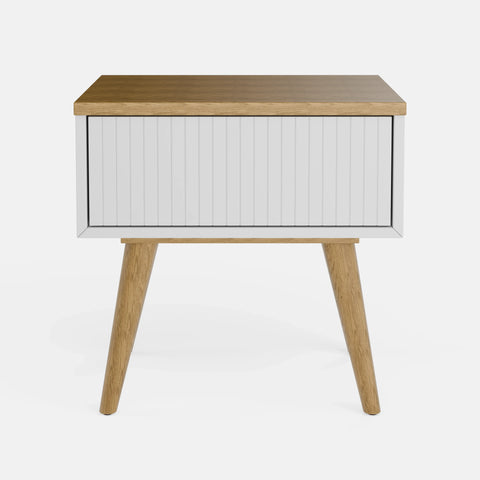 שידת לילה מיד סנצ'רי Aspen עם מגירה טקסטורלית ורגלי עץ מחודדות בעיצוב סקנדינבי נקי | פוני סטייל