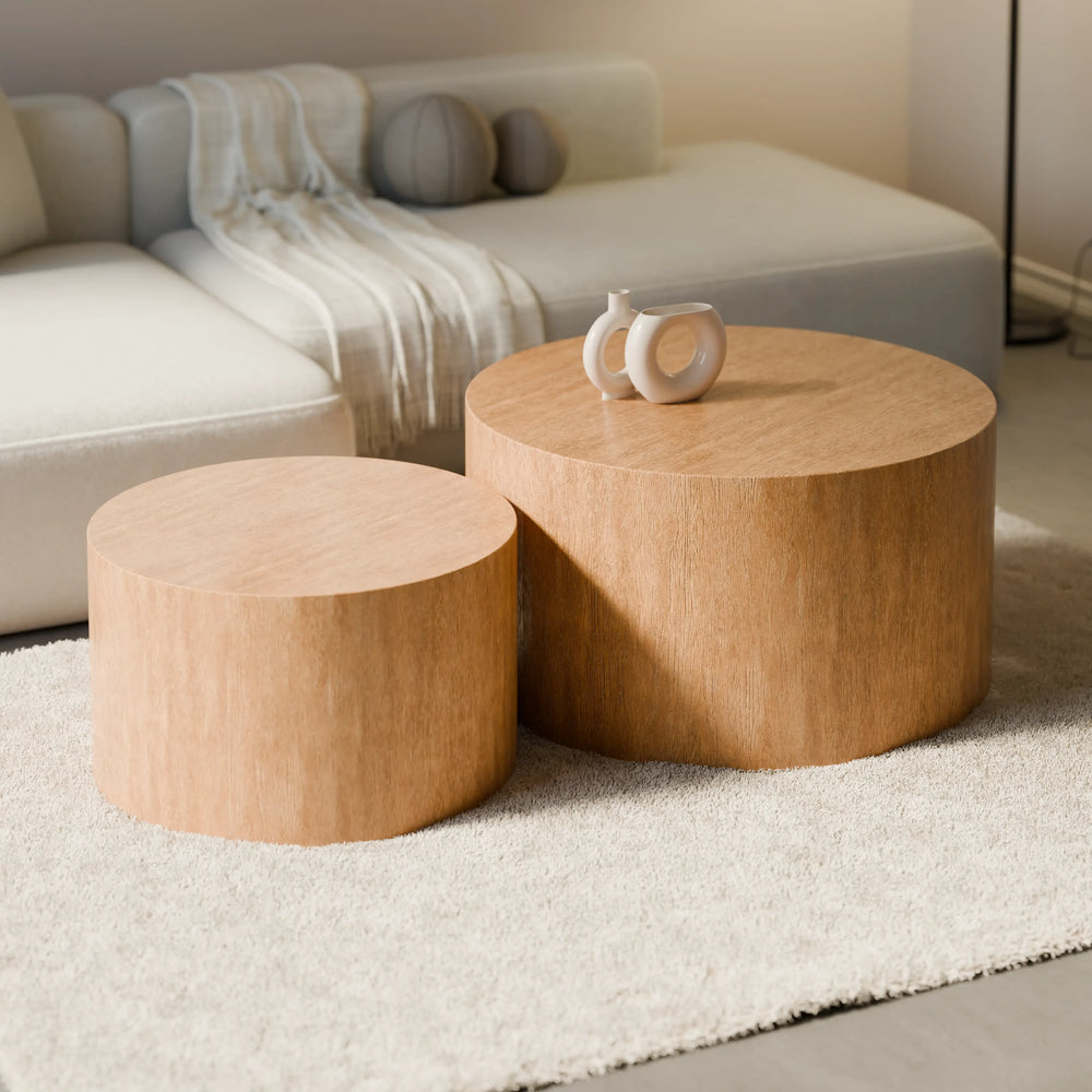 סט שולחנות סלון עגולים Perlo בעיצוב מינימליסטי עם גימור פורניר עץ טבעי