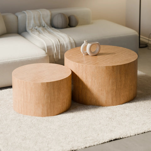 סט שולחנות סלון עגולים Perlo בעיצוב מינימליסטי עם גימור פורניר עץ טבעי