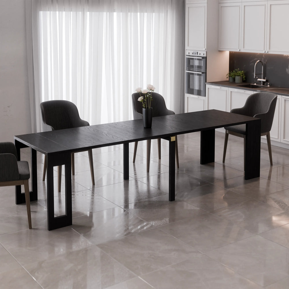 Verner – שולחן אוכל נפתח עד 300 ס״מ עם פלטה שחורה ואחסון פנימי מובנה