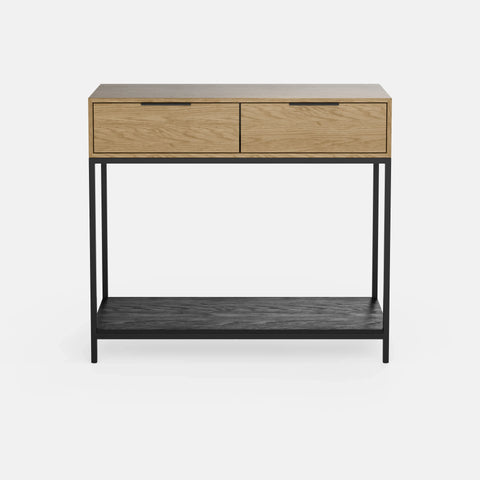 קונסולת כניסה Parizia עם מגירות ומדף תחתון, גוף בגימור פורניר ורגלי מתכת דקות בעיצוב מודרני־תעשייתי | פוני סטייל