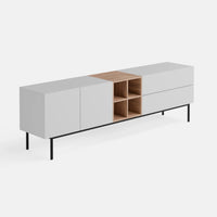 מזנון טלוויזיה מודרני Hav בעיצוב מינימליסטי עם כוורת פורניר אלון ורגלי מתכת