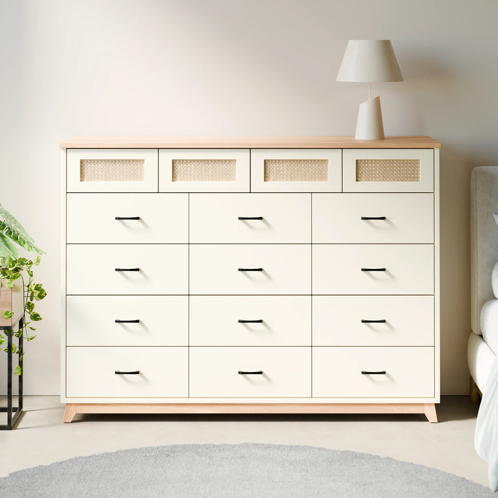 שידת מגירות בוהו שיק Plush עם 16 תאים, חזיתות ראטן ורגלי עץ מלא | פוני סטייל