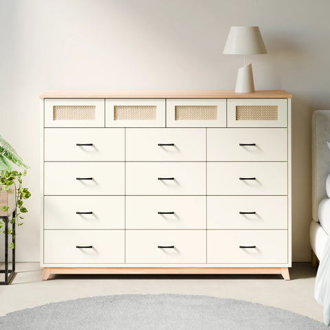 שידת מגירות בוהו שיק Plush עם 16 תאים, חזיתות ראטן ורגלי עץ מלא | פוני סטייל