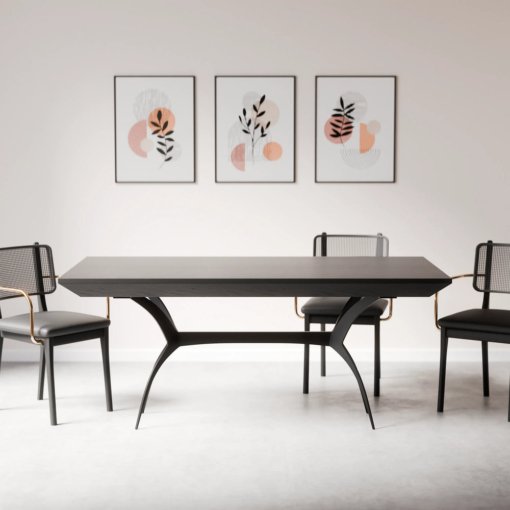 Harald – שולחן אוכל נפתח עם רגלי ברזל פיסוליות ופלטת פורניר בגימור שחור