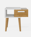 שידת לילה מיד סנצ'רי Nost עם מגירה, תא פתוח ורגלי עץ מחודדות בעיצוב סקנדינבי נקי | פוני סטייל