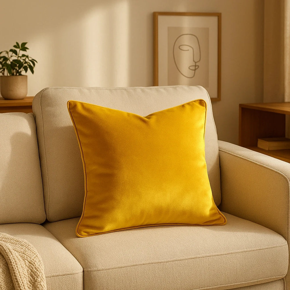 זוג כריות נוי מבד קטיפה מבריק בגוון חרדל-זהוב