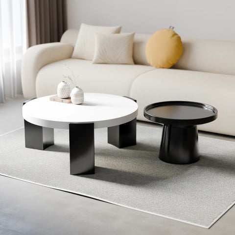 סט שולחנות סלון Sten – שולחן עגול על רגליים מרובעות ושולחן קטן עם בסיס גלילי בעיצוב מודרני־פיסולי