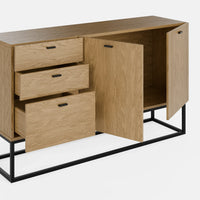 שידה מודרנית Kona עם פורניר עץ טבעי, בסיס ברזל שחור ושלוש מגירות עם דלתות סגירה שקטה | פוני סטייל