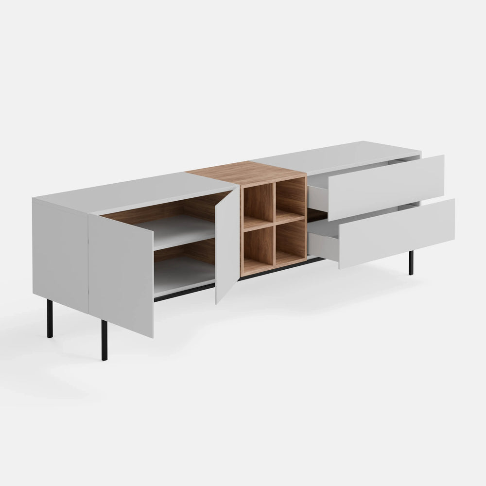 מזנון טלוויזיה מודרני Hav בעיצוב מינימליסטי עם כוורת פורניר אלון ורגלי מתכת