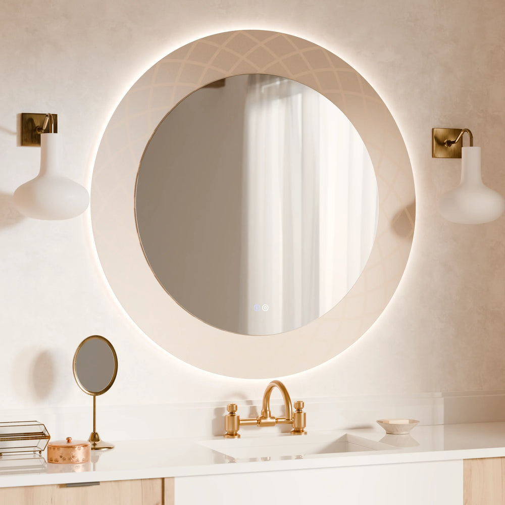 מראה לאמבטיה חכמה עגולה עם תאורת לד, מפשיר אדים ודוגמה מעוצבת – Ringen