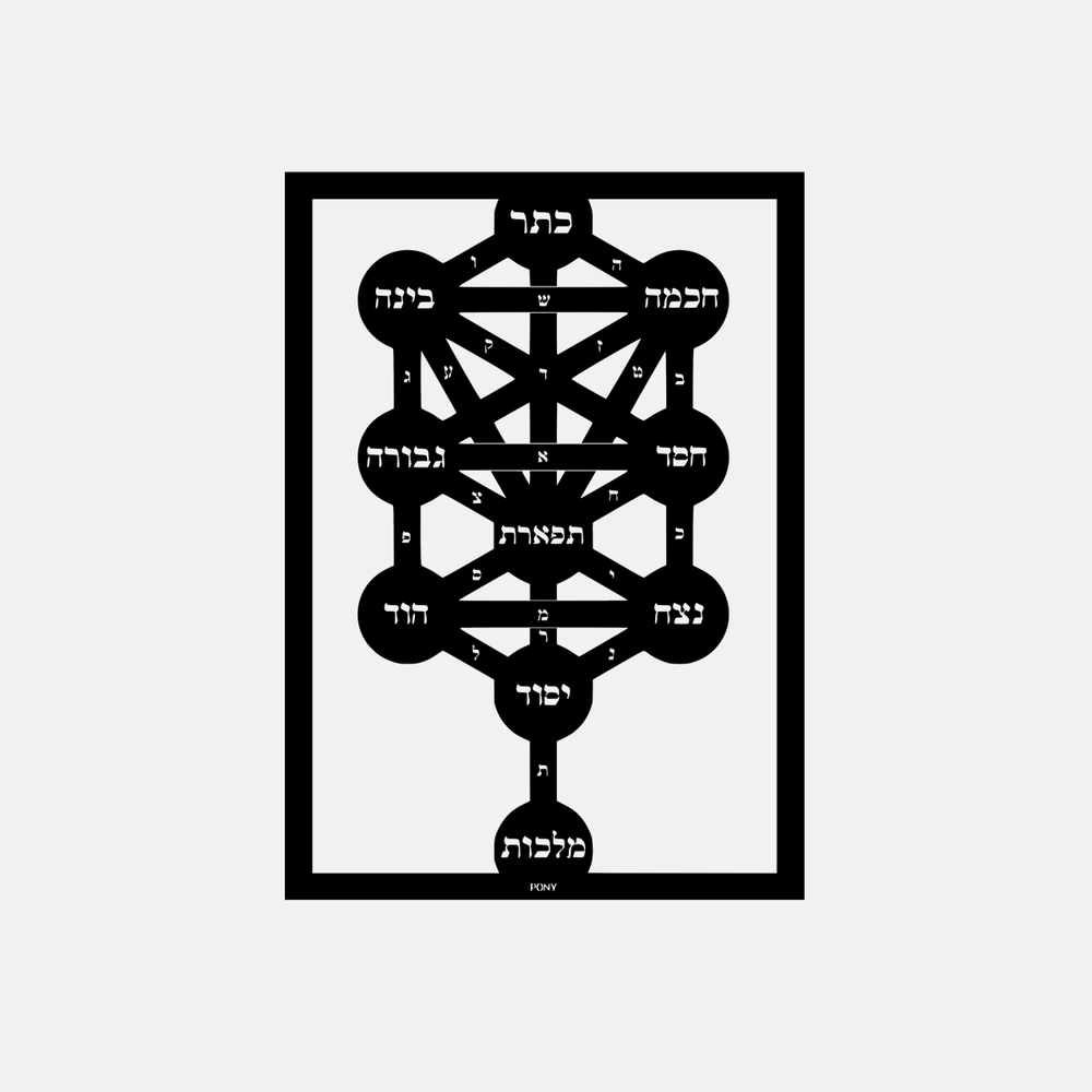 תמונת מתכת Sefirot עם עיצוב גיאומטרי בהשראת עשר הספירות הקבליות, עשויה מברזל מגולבן בגימור עמיד.